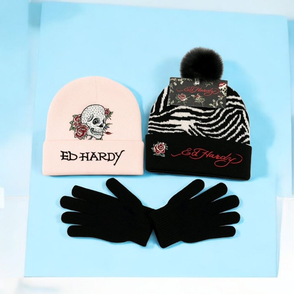 NEW Ed Hardy Black & White Beanies Set (3) With Gloves Embroidery/Rhinestones